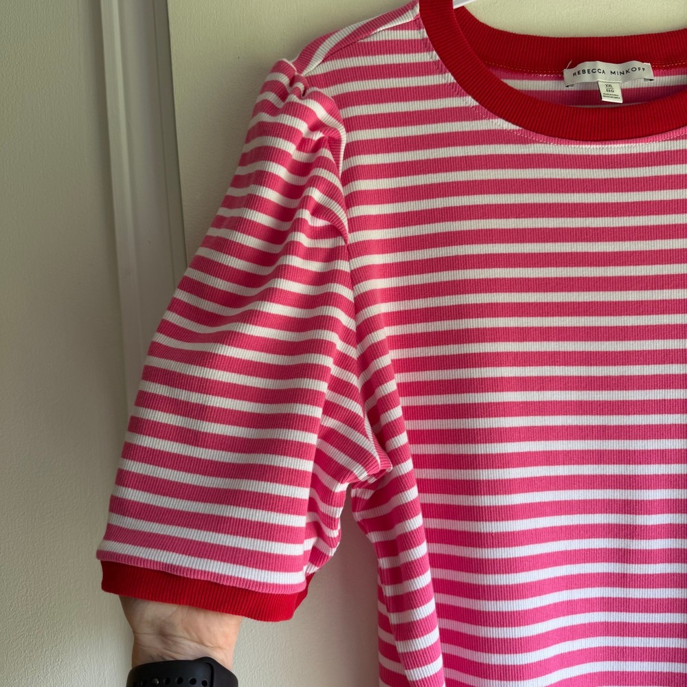 Rebecca Minkoff Womens Pink Stripe Puff Sleeve Ribbed Knit Top XXL 7RMD7312 - Picture 2 of 8